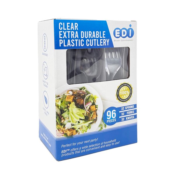 EDI [96 Piece] Clear Disposable Plastic Cutlery Set, Assorted - 32 Forks, 32 Knives, 32 Spoons | Extra Durable