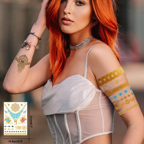 8 Sheets Metallic Gold Henna Temporary Tattoos 80+ Mandala Tattoos Flowers, Mandalas, Elephants Waterproof Nontoxic Long Lasting for Beach, Festivals, & Parties