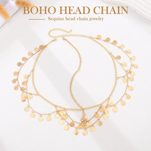 Aukmla Sequin Gold Head Chain Snake Headpiece Hair Chain Festival Costume Headband Hair Accessories for Women