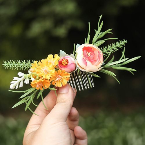 Fangsen Boho Wedding Hair Accessories Lavender Rose Hair Comb Floral Festival Headpiece for Women and Girls Silve (Orange)