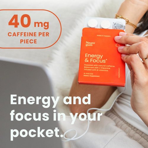 NeuroGum Energy Caffeine GUM (54 Pieces) - Sugar Free with L-theanine + Natural Caffeine + Vitamin B12 & B6 - Nootropic Energy & Focus Supplement for Women & Men - Keto & Vegan, Cinnamon Flavor