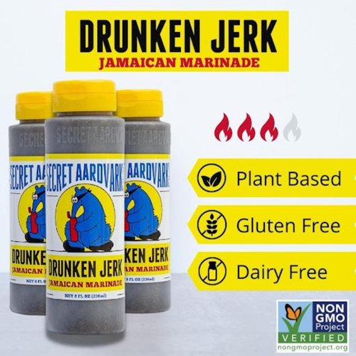 Secret Aardvark Drunken Jerk Hot Sauce – Jamaican Jerk Sauce and Marinade, Made with Jamaican Jerk Seasoning, Soy Sauce, & Habanero Peppers, Non-GMO, Low Carb, Spicy BBQ Sauce – 8 fl oz 2 Pack