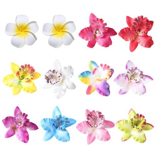 12 Pcs Flower Hair Clips Chiffon Plumeria Hair Clip Orchid Floral Barrettes Women Bridal Multicolor Hawaiian Luau Tropical Wedding Vacation Beach Party Decorations Cosplay Costume Hair Accessories