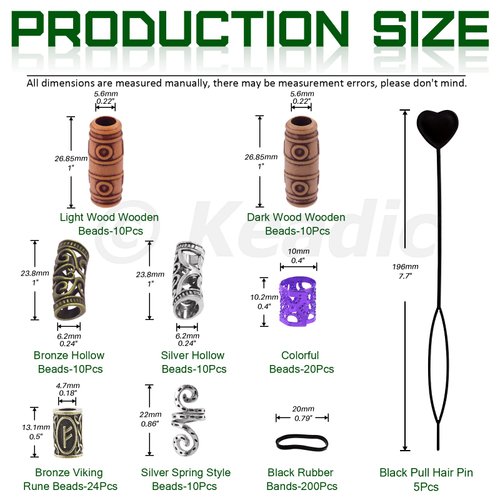 Keadic 299 Pcs 7 Style Viking Hair Beard Bead Assortment Kit Includes Dreadlocks Beads, Pull Hair Pin, Black Rubber Bands and Hair Extension Link Ring for Hair Braiding DIY Jewelry Decoration