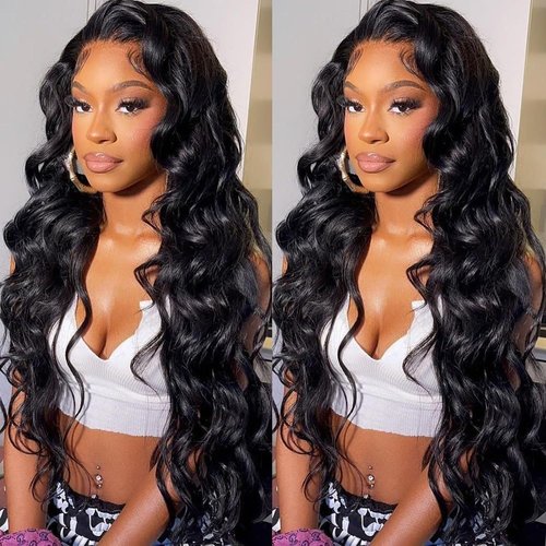 USUKUSI 28 Inch Black Lace Front Wigs Pre-Plucked Natural Color Long Curly Wavy Hand Tied Synthetic Hair Replacement Wigs for Women's Party Show