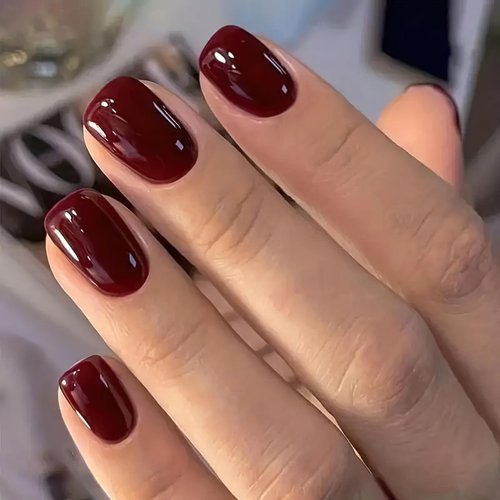 Mkwntg Wine Red Press on Nails Short Square Fake Nails Glossy Solid Color false Nails Reusable Red Acrylic Nails Stick on Nails Summer Full Cover Glue on Nails for Women Girls Nail Decoration 24Pcs