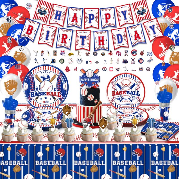 Baseball Party Decorations, Baseball Birthday Decorations,Baseball Birthday Party Supplies Kit，Including Sport Themed Birthday Plates Tablecloth Napkin Banner Baseball Garland Cupcake Toppers Balloons Stickers Set