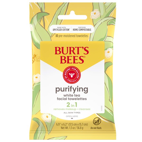 Burt’s Bees Purifying Facial Cleanser Towelettes and Makeup Remover Wipes with White Tea for All Skin Types, Made with Repurposed Cotton, 10 Count