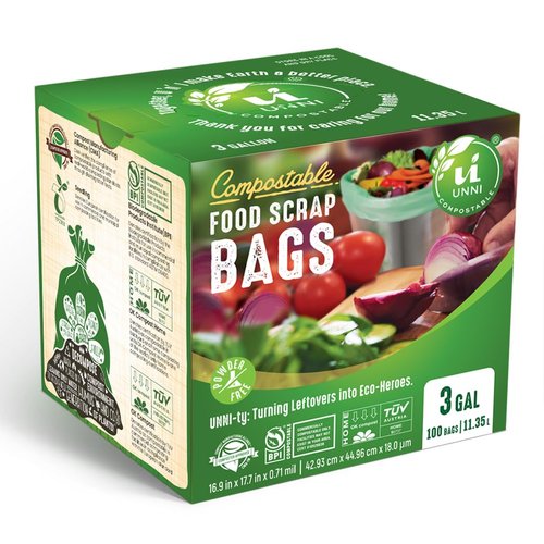 UNNI Compostable Liner Bags, 3 Gallon, 11.35 Liter, 100 Count, Extra Thick 0.71 Mil, Small Kitchen Food Scrap Waste Bags, ASTM D6400, US BPI, CMA and Europe OK Compost Home Certified, San Francisco