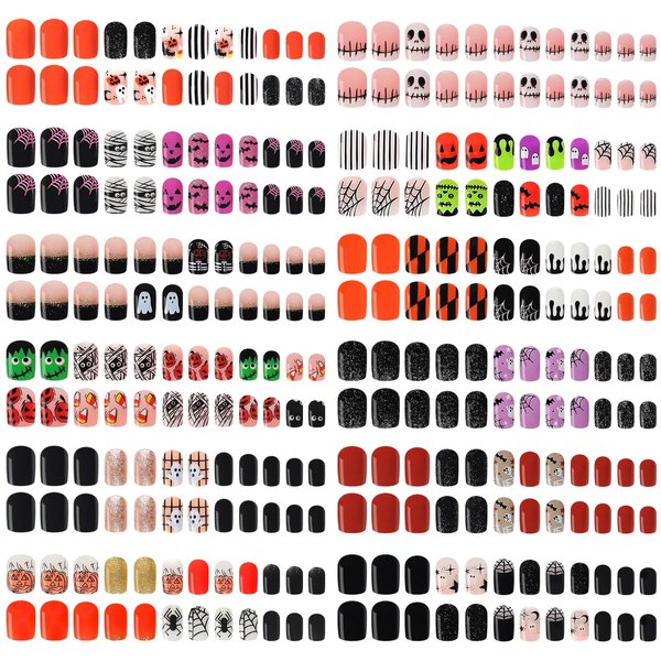 288PCS Halloween Fake Nails EBANKU Halloween Short Square False Nails with Nail Adhesive Tabs Press on Nails Full Cover Glossy Skull Bat Artificial Fingernails for Women Girls Nail Art Decoration