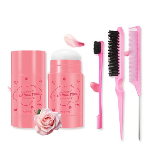 Hair Wax Stick Kit with 3 Brushes Comb Set,Long Lasting Non-Greasy Styling Wax for Hair Styling and Flyaways Edge Hair,Hair Slick Wax Pomade Stick for Hair Edge Control（4PCS）