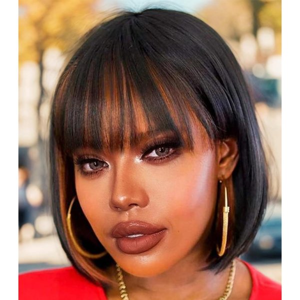YYHR Short Bob Wig With Bangs 10" Peek-a-boo Dark brown Mix Light brown Bob Wigs Yaki Straight Hair Daily Costume Wig, Soft Light Synthetic Hair Replacement Wigs (10 Inch,S4/30)