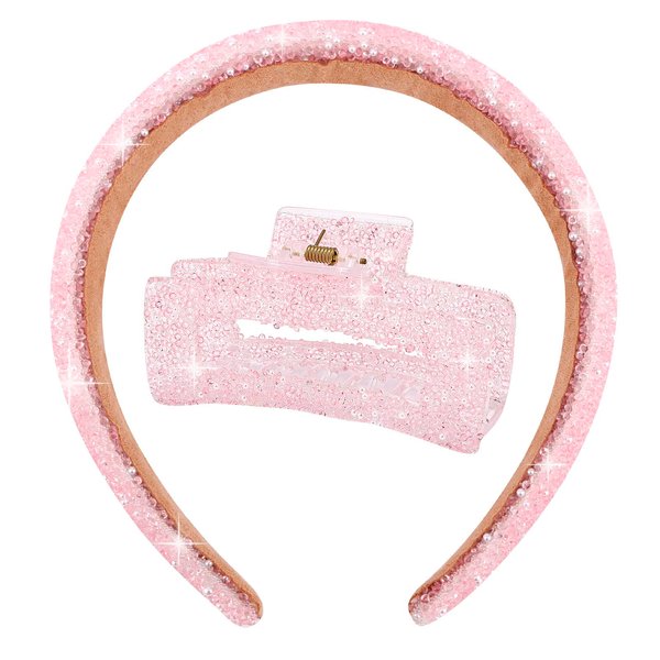 Vovii Rhinestone Headband & Hair Claw Clip for Women, Beaded Padded Crystal Headband Cute Square Claw Clips for Thick Hair, Glitter Claw Clip Bling Pearls Headband for Hair Fashion Accessories (Pink)