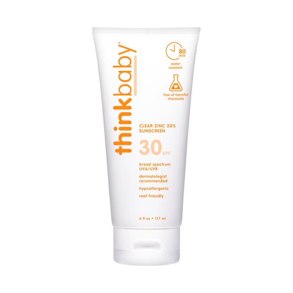 Thinkbaby SPF 30 Clear Zinc Sunscreen – Hypoallergenic Baby Mineral Sunscreen Lotion – Safe, Natural, Waterproof Zinc Oxide UVA/UVB Sun Protection for Kids, Value Size, 6 Fl oz
