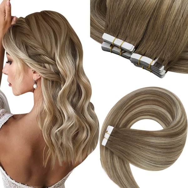 Hair Tape in Extensions Human Hair Ombre Blonde Sunny Tape in Real Human Hair Extensions Medium Brown Ombre Platinum Blonde Balayage Tape in Remy Hair Extensions Ombre Blonde 20pcs 50g 14inch