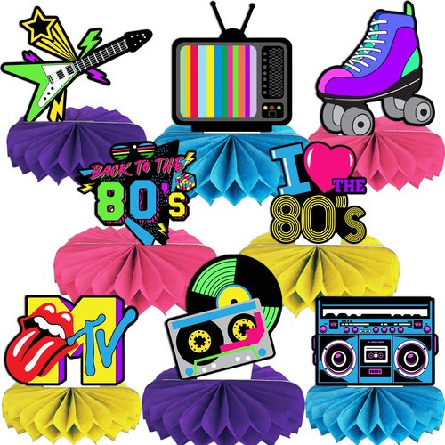 8 Pieces 80s Party Decorations Honeycomb Centerpieces 1980s Throwback Birthday Party Table Toppers Centerpieces for Back to The 80s Themed Party Favors Supplies