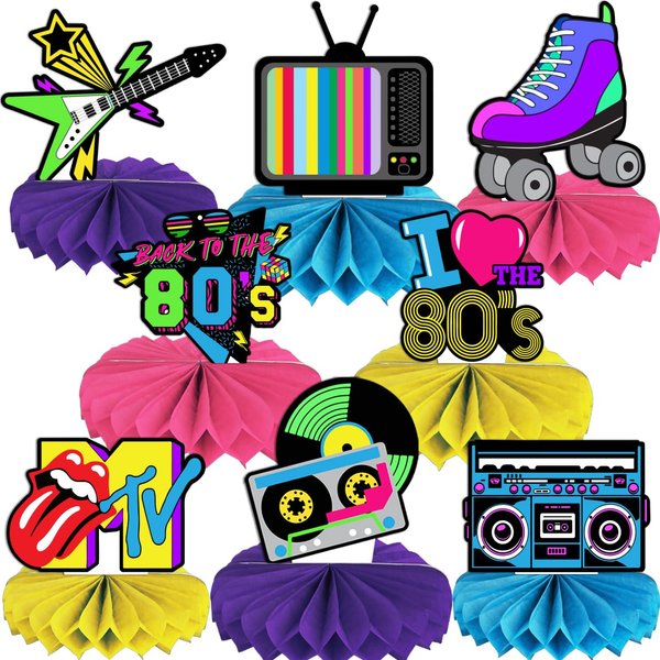 8 Pieces 80s Party Decorations Honeycomb Centerpieces 1980s Throwback Birthday Party Table Toppers Centerpieces for Back to The 80s Themed Party Favors Supplies