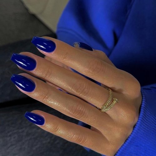 KQueenest Royal Blue Press on Nails Short Medium Square Nails Press ons,T Shaped Gel Glue on Nails Medium Fake Nails With Glazed Finish,Thick Acrylic Nails For Women Daily Events