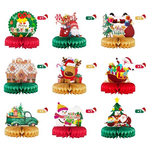 9 Pcs Christmas Party Honeycomb Centerpieces for Table Decorations, 3D Honeycomb Christmas Decorations Holiday Table Centerpieces with Santa Claus Snowman for Christmas Party Supplies Indoor
