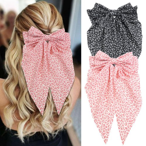 SAWINDA 2PCS Floral Hair Bows for Women Boho Oversized Hair Ribbons Barrettes Cute Aesthetic French Style Hair Ribbon Barrettes Metal Clips Bowknot Hair Accessories for Teen Girls