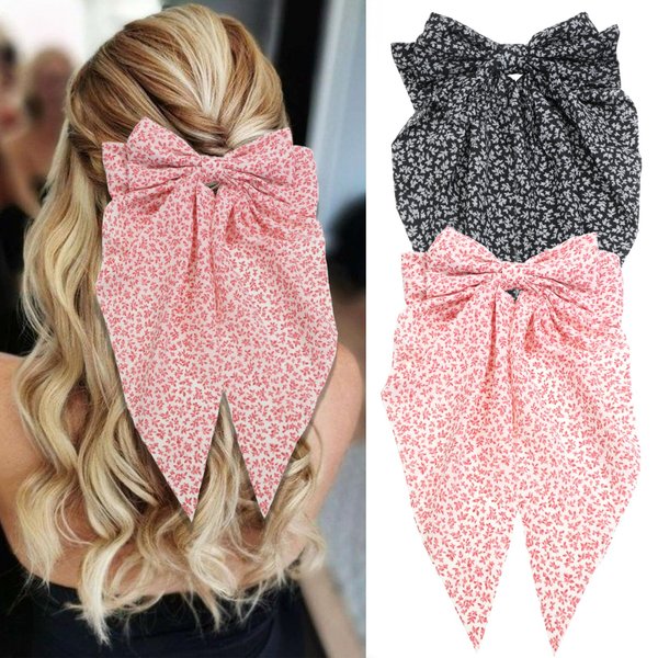 SAWINDA 2PCS Floral Hair Bows for Women Boho Oversized Hair Ribbons Barrettes Cute Aesthetic French Style Hair Ribbon Barrettes Metal Clips Bowknot Hair Accessories for Teen Girls