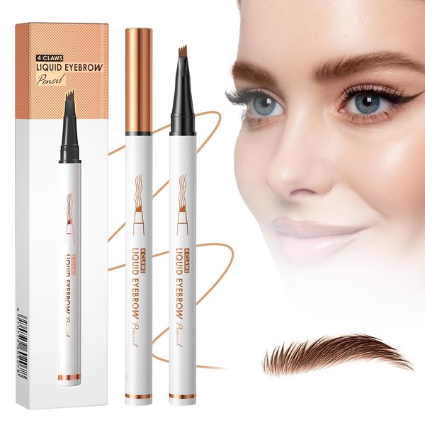 2Pcs 3D Microblading Eyebrow Tattoo Pencil 4 Fork Tip, 2024 New Liquid Eyebrow Pen, Natural Makeup Fine Stroke Magic Eyebrow Pencil, Long Lasting Fine Sketch Microblading Pen (Light brown)