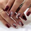 Red Press on Nails Medium Fake Nails Square Glue on Nails Wine Red False Nails with Design Silver Glitter Lines Reusable Artificial Nails Acrylic Stick on Nails for Women Girls 24 Pcs