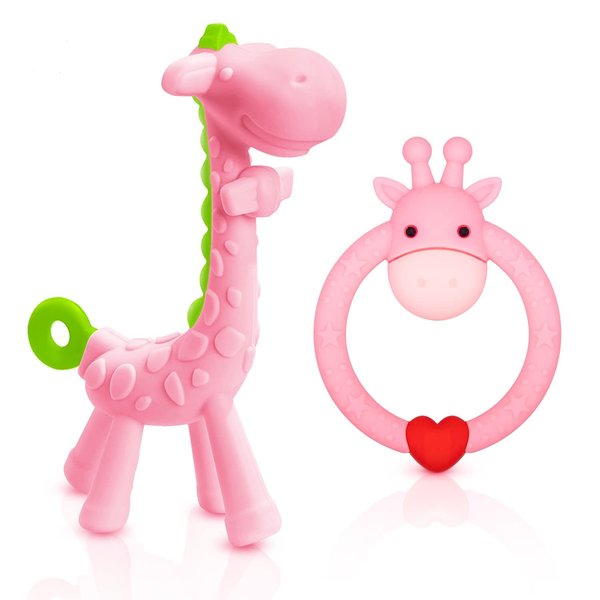 SHARE&CARE BPA Free Silicone Giraffe Baby Teether Toy with Storage Case, for 3 Months Above Infant Sore Gums Pain Relief and Baby Shower, Baby Teething Toys (Pink)