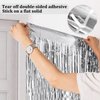 Andiker Foil Curtains Sets, 2 Thickened 1*2m Metallic Tinsel Foil Fringe Curtains and 1 Double Side Adhesive Tape and 1 Ribbon, Shimmer Curtains for Birthday Party Background Wall Decoration (Silver)