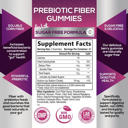 Fiber Supplement Gummies for Digestive Health & Regularity Support, Sugar-Free 4g Fiber Gummy for Adults, Daily Probiotic Supplements, Natural Prebiotic Fiber Gummy, Plant Based - 60 Gummies