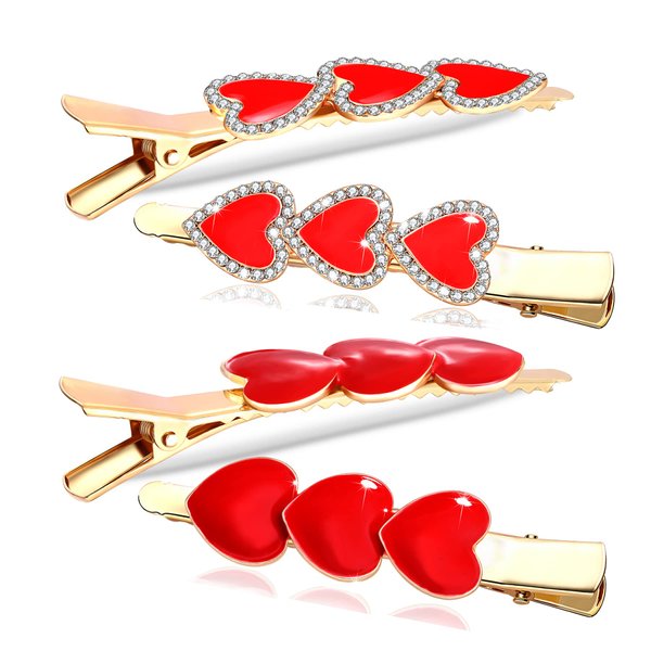 Valentine’s Day Hair Clips Sparkly Rhinestone Enamel Cupid Heart Hairpins for Women Girls Sweet Romantic Triple Love Alligator Clips Barrettes Pretty Styling Hair Accessory Party Gifts (4 packs)
