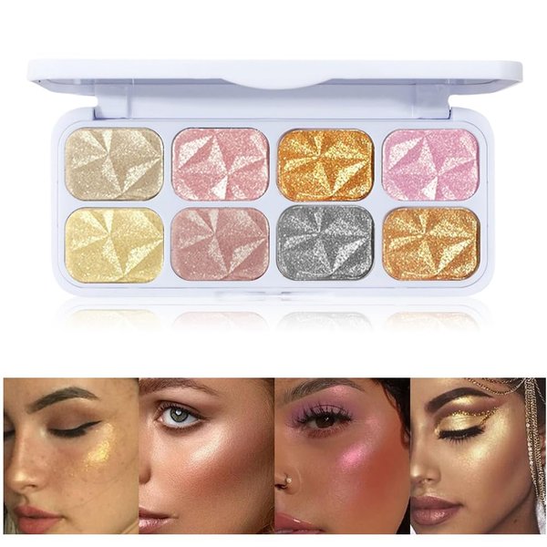 CHARMFORYOU 8 Colors Highlight Eyeshadow Palette,Sparkle Shiny Eye Shadow Plate Pigmented Glitter Eyeshadow Professional Makeup Highlighter (Highlighter)