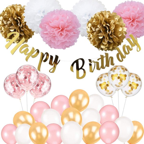 Birthday Decoration, Happy Birthday Banner, Tissue Flower, Confetti Balloons for 16th 18th 21st 30th 50th 60th Birthday Party Decoration for Women girls
