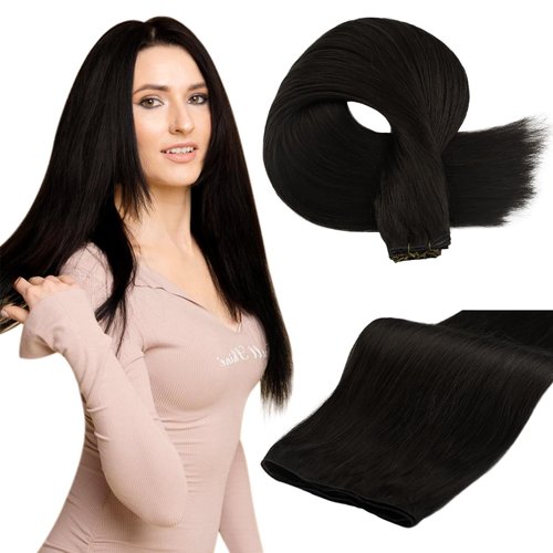 Full Shine Black Sew in Hand Tied Weft Hair Extensions 60 Gram Thick Remy Human Hair Sew in Human Hair Extensions Jet Black 22 Inch