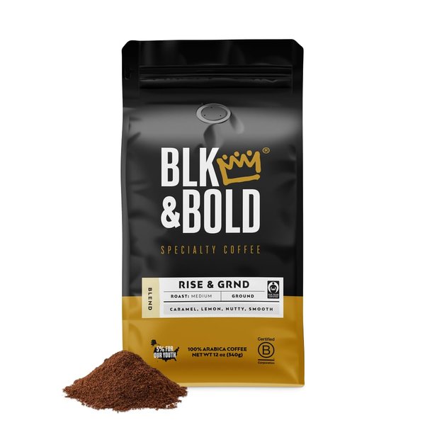 BLK & Bold Rise & GRND Ground Coffee, Signature Medium Roast, Micro-Roasted, Black Owned Business, 100% Arabica, 12 oz Bag