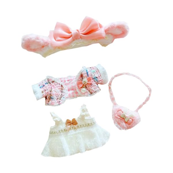 niannyyhouse 20cm Plush Doll Clothes Pink Headwear Coat Dress Backpack 8in Soft Stuffed Plush Toy Dress Up Accessories