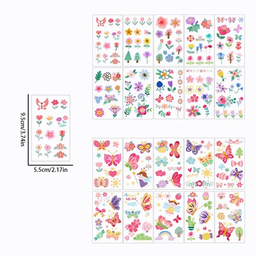 20 sheets Flower Temporary Tattoos Kids Tattoos Temporary for Girls Cute Butterfly Temporary Tattoos for Child Colorful Fake Waterproof Tattoo Stickers for Party Birthday Decorations Supplies Gifts