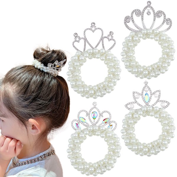 4 Pcs Pearl Crown Hair Ties White Pearl Beads Hair Scrunchies Elastic Hair Bands Beaded Ponytail Holder Crystal Princess Hair Rope Ties Accessories for Women Girls