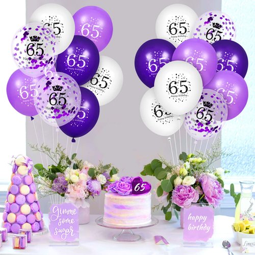 65th Purple Birthday Balloons Decorations, 16PCS Purple White Happy 65th Birthday Confetti Latex Balloons for Women Men 65th Birthday Party Wedding Anniversary Indoor Outdoor Party Supplies,12 Inch