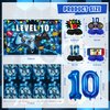 KOTLMIGHT 10th Birthday Decorations for Boys, 149Pcs Blue Video Game level 10 Party Supplies for Boy 10th Birthday - Backdrop, Banner, Balloons, Tablecloth, Centerpieces, Hanging Swirls, Wall Signs