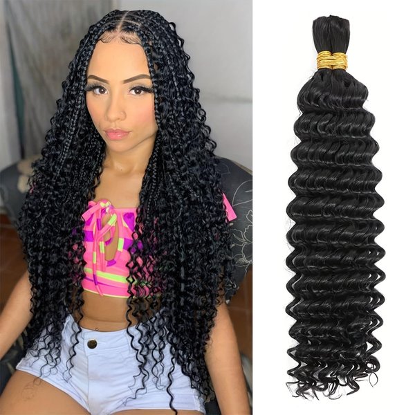 LANWIUKU Human Braiding Hair for Boho Braids Deep Wave Human Hair Braiding Hair 2Bundles/Pack 100g Bulk Human Hair for Braiding Wet and Wavy Braid Human Hair Extensions (14 inch)