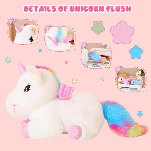 SQEQE Cute Unicorn Stuffed Animals with 4 Babies in Her Tummy, Rainbow Flying Unicorn Plush Pillow Toy with Wings, Unicorn Gifts for Girls Ages 3 4 5 6 7 8 Years