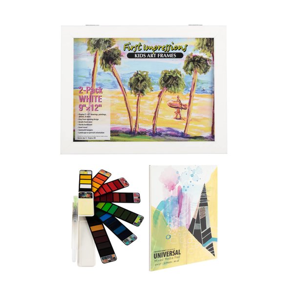 Jerry's Artarama Mixed Media Drawing Pad (White 9x12" - 20 Sheets) and Kids Art Frame Set with Magnetic Closure and 42pc Art Water Color - Perfect for Sketching, Coloring and Displaying Kid's Artwork