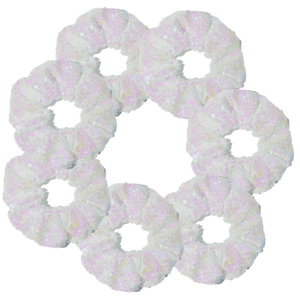 7 Pcs Bling Mermaid Sequins Dance Scrunchies Cheer Scales Hair Scrunchies For Thick Hair School Performance Scrunchy Sports Ponytail Holder Wrist for Girls Cosplay Show (White)