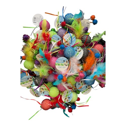 Multipet Mesh Feather Ball Cat Toy - Fun, Creative, Durable Playtime Delights (6-Pack, Colors May Vary)