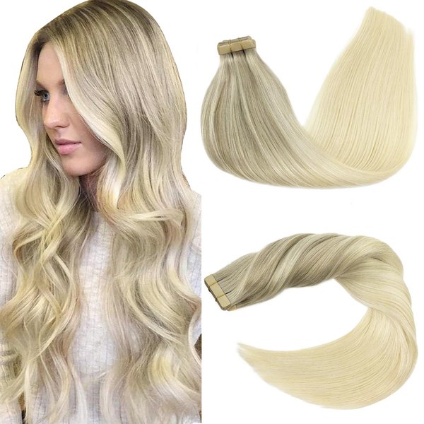 GOO GOO Blonde Hair Extensions Tape in 24 Inch Balayage Ash Blonde to Golden Blonde and Platinum Blonde Natural Remy Hair Straight Long Tape in Hair Extensions 20pcs 50g