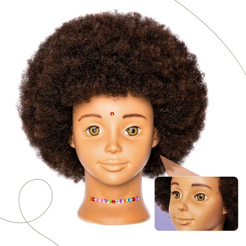 10'' Afro Real 100% Human Hair Cosmetology Doll Head Mannequin Head For Kids, Teens Hairdresser With Clamp Stand (10 inches)