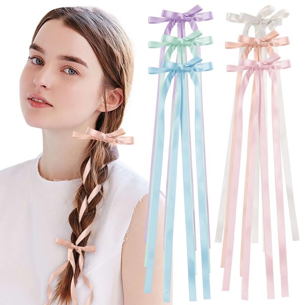 Waimemoya 6 PCS Bow Hair Clips, Ribbon Hair Clips for Women Girls, Double Bowknots Hair Bows Clips With Organizer Box, Tassel Ribbon Bowknot With Long Tail, Valentines Birthday Gift