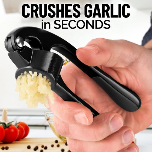 Zulay Kitchen Premium Garlic Press with Soft, Easy to Squeeze Handle - Includes Silicone Garlic Peeler & Cleaning Brush - 3 Piece Garlic Mincer Tool - Sturdy Easy to Clean Garlic Crusher (Black)