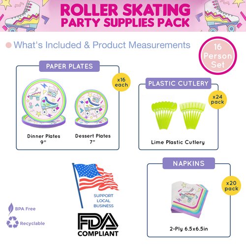 Roller Skating Party Supplies (100 Pieces for 16 Guests) - Roller Skating Party, 90s Party Supplies, Roller Skate Plates And Napkins, Skate Party Decorations For Girl, Blue Orchards